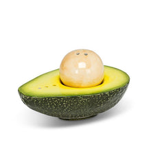Load image into Gallery viewer, Ceramic avocado salt and pepper shaker set with green avocado half and removable pit shaker