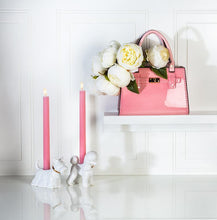 Load image into Gallery viewer, Handbag-shaped ceramic vase with faux leather handle and chic hardware-style detail, available in white, black, and pink