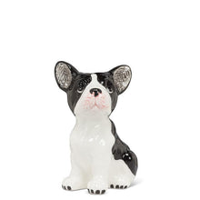 Load image into Gallery viewer, Ceramic sitting French bulldog bud vase in glossy black and white with a small opening at the top, shown on a white background
