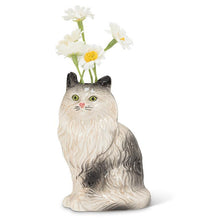 Load image into Gallery viewer, Ceramic Persian cat bud vase in white and grey with a small opening at the top, shown on a white background