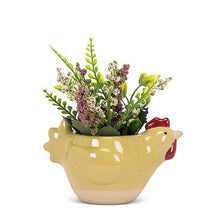 Load image into Gallery viewer, Yellow stoneware chicken-shaped planter with small flowers and a 2-inch opening