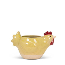 Load image into Gallery viewer, Yellow stoneware chicken-shaped planter with small flowers and a 2-inch opening