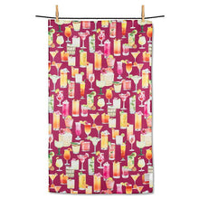 Load image into Gallery viewer, Double-sided kitchen towel with colorful cocktail illustrations, hanging on a line with clothespins