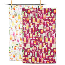 Load image into Gallery viewer, Double-sided kitchen towel with colorful cocktail illustrations, hanging on a line with clothespins
