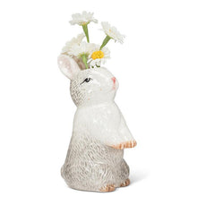 Load image into Gallery viewer, Ceramic rabbit bud vase in white and grey with a small opening at the top, shown on a white background