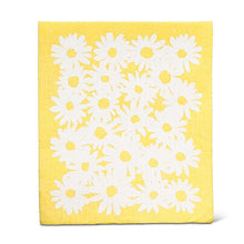 Load image into Gallery viewer, Daisy print kitchen towel with matching yellow dishcloth in blue, white, and yellow