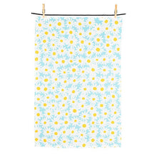 Load image into Gallery viewer, Daisy print kitchen towel with matching yellow dishcloth in blue, white, and yellow