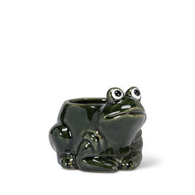 Load image into Gallery viewer, Dark green crouched frog-shaped stoneware planter with a 2-inch opening