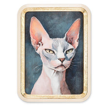 Load image into Gallery viewer, Gold-framed wall art featuring a modern hairless cat portrait with pink tones on a deep blue background