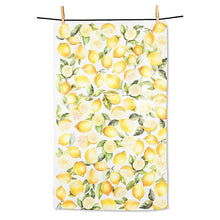 Load image into Gallery viewer, Double-sided kitchen towel with watercolor lemons and green leaves pattern in yellow and green, hanging on a line with clothespins