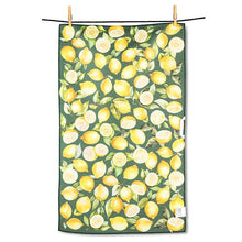 Load image into Gallery viewer, Double-sided kitchen towel with watercolor lemons and green leaves pattern in yellow and green, hanging on a line with clothespins