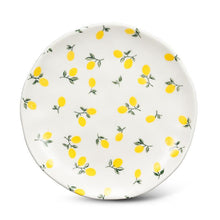 Load image into Gallery viewer, White bone china appetizer plate with scattered yellow lemon and green leaf pattern