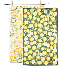 Load image into Gallery viewer, Double-sided kitchen towel with watercolor lemons and green leaves pattern in yellow and green, hanging on a line with clothespins