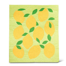 Load image into Gallery viewer, Lemon print kitchen towel with matching green dishcloth in yellow and green