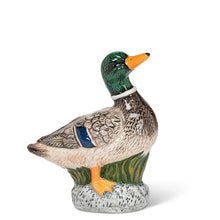 Load image into Gallery viewer, Ceramic standing mallard bud vase with green head and brown detailing, featuring a small opening at the top, shown on a white background
