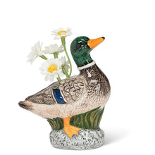 Load image into Gallery viewer, Ceramic standing mallard bud vase with green head and brown detailing, featuring a small opening at the top, shown on a white background