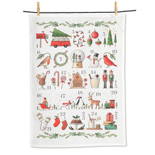Load image into Gallery viewer, White cotton advent calendar kitchen towel with colourful Christmas icons including reindeer, snowmen, stockings, ornaments, and candy canes