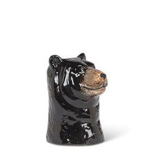 Load image into Gallery viewer, Ceramic black bear head bud vase in glossy black with brown detailing and a small opening at the top, shown on a white background