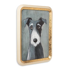 Load image into Gallery viewer, Gold-framed wall art featuring a black-and-white terrier dog portrait on a muted grey background