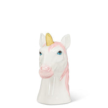 Load image into Gallery viewer, Ceramic unicorn head bud vase in glossy white with a pink mane and gold horn, featuring a small opening at the top, shown on a white background