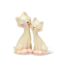 Load image into Gallery viewer, Pearl white ceramic cat salt and pepper shaker set with vintage-inspired feline details