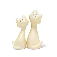Load image into Gallery viewer, Pearl white ceramic cat salt and pepper shaker set with vintage-inspired feline details