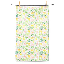 Load image into Gallery viewer, Double-sided kitchen towel with pastel pink and yellow floral pattern, hanging on a line with clothespins