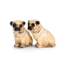 Load image into Gallery viewer, Ceramic pug salt and pepper shaker set in a warm sand finish with glossy black face details