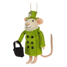 Load image into Gallery viewer, Queen Elizabeth–inspired wool-felt mouse ornaments in pink and green coats with hats and handbags, set of two.
