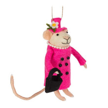 Load image into Gallery viewer, Queen Elizabeth–inspired wool-felt mouse ornaments in pink and green coats with hats and handbags, set of two.