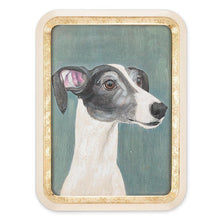 Load image into Gallery viewer, Gold-framed wall art featuring a painted greyhound portrait in profile on a muted green-grey background