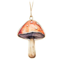 Load image into Gallery viewer, Set of two double-sided metal mushroom ornaments in red and taupe with hanging loops, about 4 inches tall.