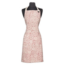 Load image into Gallery viewer, Pink cotton jacquard apron with woven rose floral pattern and adjustable cream straps