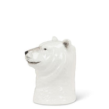 Load image into Gallery viewer, Ceramic polar bear head bud vase in glossy white with black detailing and a small opening at the top, shown on a white background