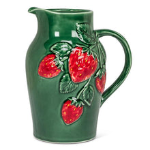 Load image into Gallery viewer, Large green stoneware pitcher with raised red strawberry and leaf details