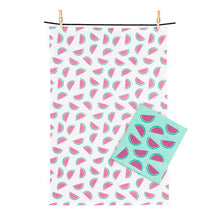 Load image into Gallery viewer, Watermelon print kitchen towel and matching turquoise watermelon dishcloth set in pink and turquoise