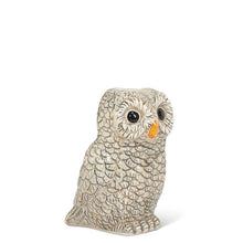 Load image into Gallery viewer, Small grey ceramic owl bud vase with textured feather detail and a tiny opening at the top, shown on a white background