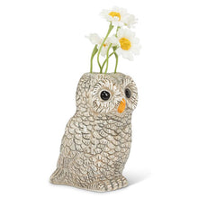 Load image into Gallery viewer, Small grey ceramic owl bud vase with textured feather detail and a tiny opening at the top, shown on a white background
