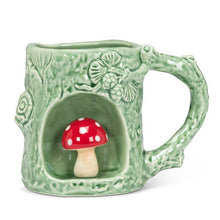 Load image into Gallery viewer, Green bark-textured stoneware mug with a red toadstool in an alcove, 11 oz