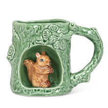 Load image into Gallery viewer, Green bark-textured stoneware mug with a sculpted squirrel in an alcove, 12 oz