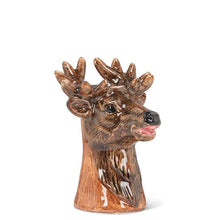 Load image into Gallery viewer, Ceramic deer head bud vase in glossy brown with antlers and a small opening for stems, shown on a white background
