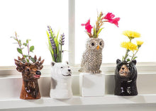 Load image into Gallery viewer, Ceramic deer head bud vase in glossy brown with antlers and a small opening for stems, shown on a white background