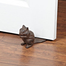 Load image into Gallery viewer, Cast-iron chipmunk door wedge in dark brown with tail extending under door; 4 inches tall.