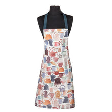 Load image into Gallery viewer, Cotton apron with pastel-painted coffee cup and kettle illustrations, perfect for kitchen or café wear.