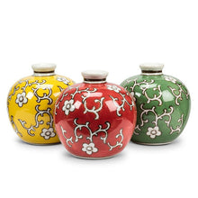 Load image into Gallery viewer, Small round ceramic ball vase with glossy finish in green, red, or yellow colour options.