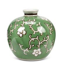 Load image into Gallery viewer, Small round ceramic floral ball vase with a glossy green and brown finish, perfect as a decorative accent for shelves or mantels.