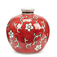 Load image into Gallery viewer, Small round ceramic floral ball vase with a glossy red and brown finish, styled as shelf or tabletop