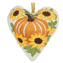 Load image into Gallery viewer, Harvest Bloom embroidered heart ornament with orange pumpkin and yellow sunflowers