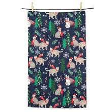 Load image into Gallery viewer, Purr and Pine holiday cat kitchen towel with festive cats scarves evergreen trees candy canes and snowflakes