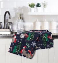 Load image into Gallery viewer, Navy Christmas cat kitchen towel styled in a festive holiday kitchen